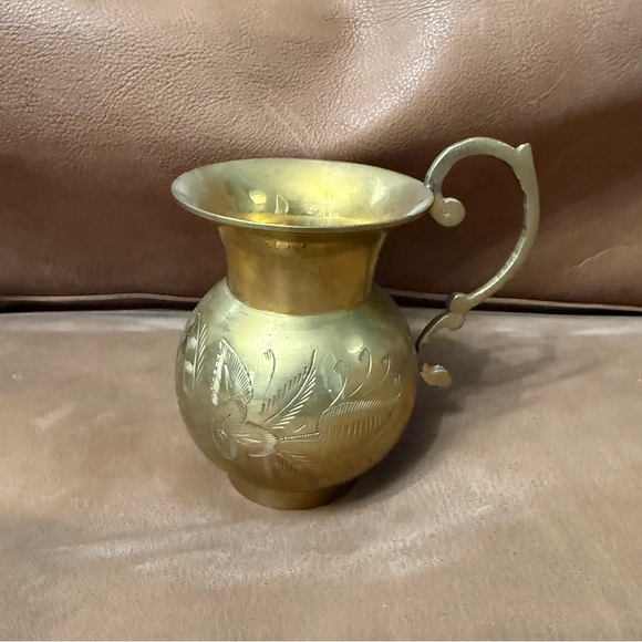 Other - Vintage Etched Solid Brass Pitcher 5” Tall Floral Pattern